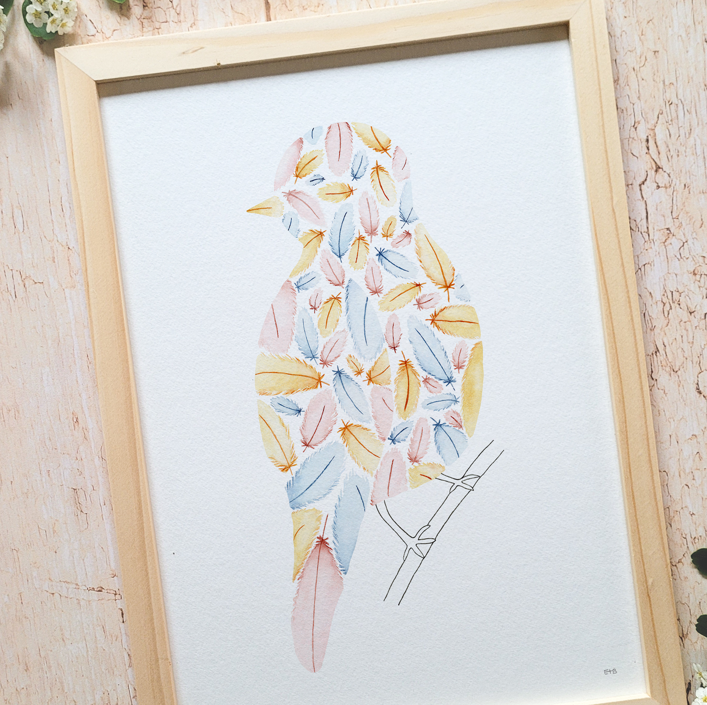 Affiche aquarelle · "L'oiseau de plume : sur ma branche"