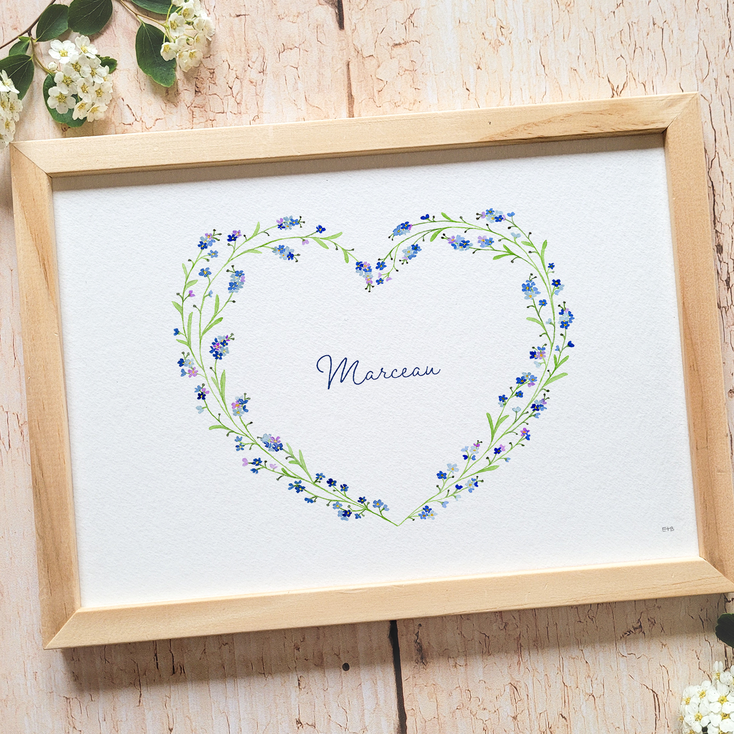 Affiche personnalisable enfant · Aquarelle "Coeur myosotis"