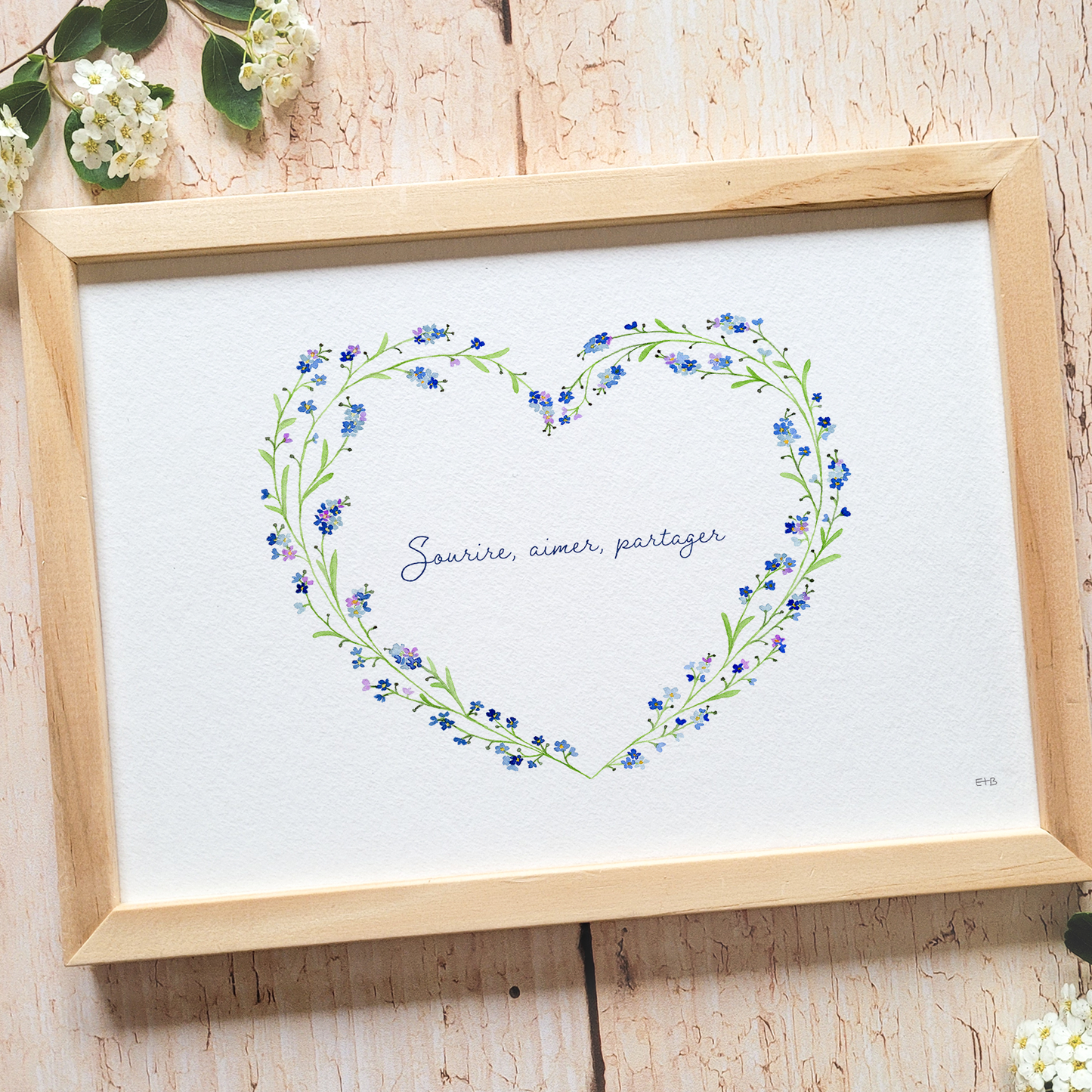 Affiche florale aquarelle · "Coeur myosotis" · Texte personnalisable