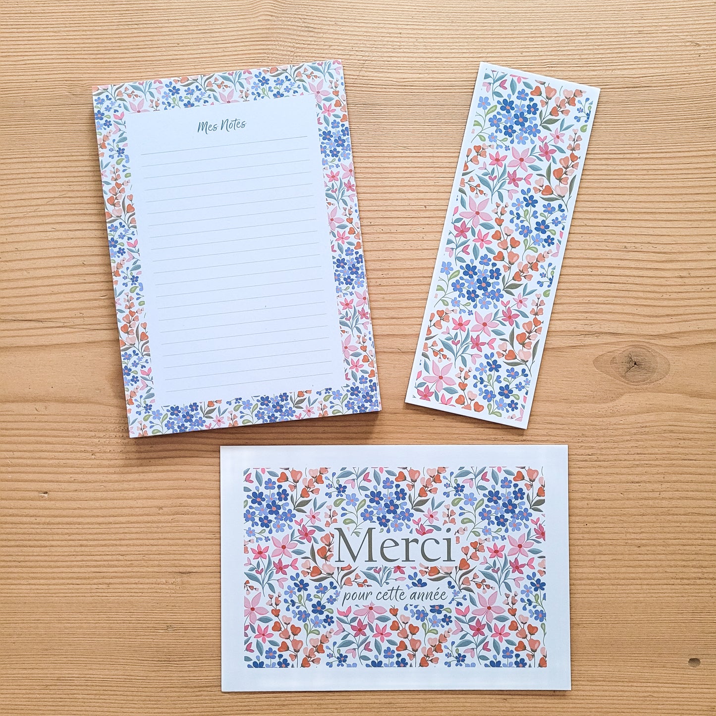 Cadeau fin d'année · Bloc-notes + carte + marque-page "Eclat de fleurs"