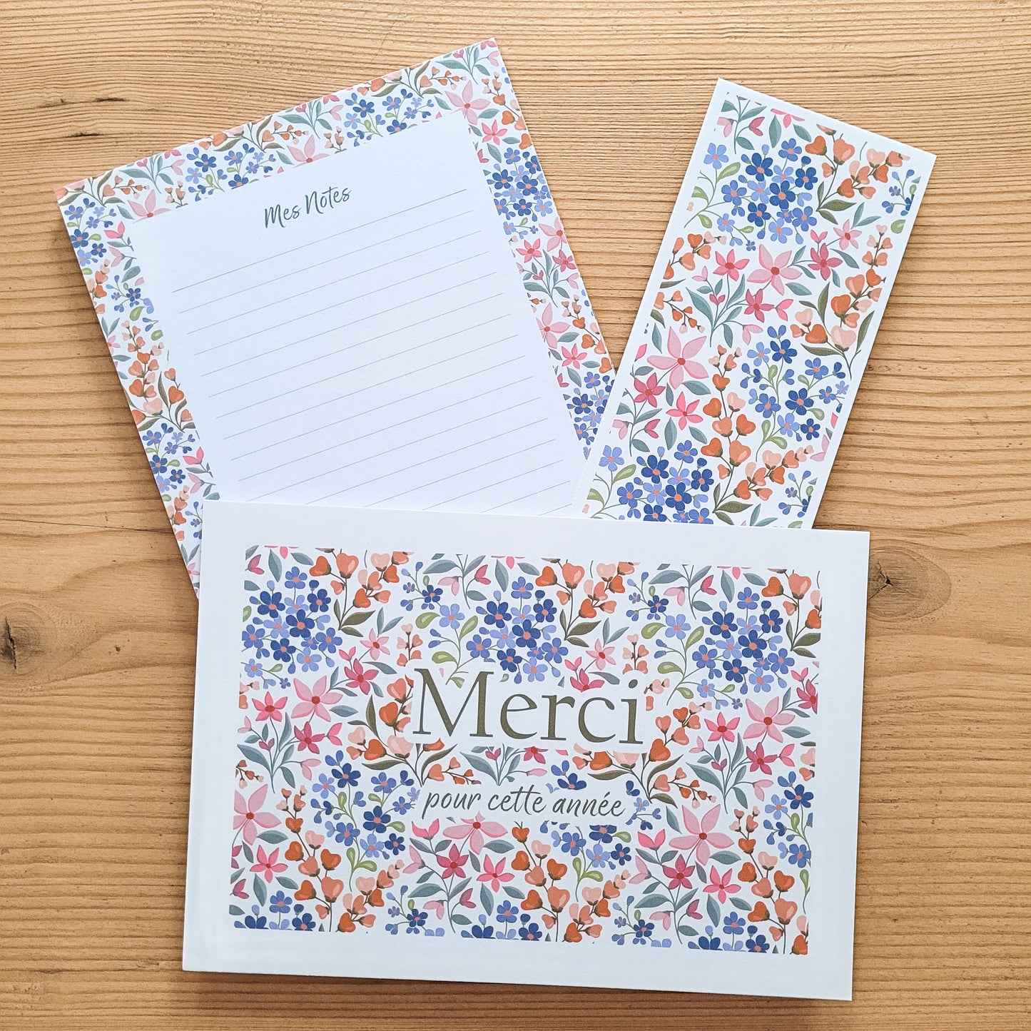 Cadeau fin d'année · Bloc-notes + carte + marque-page "Eclat de fleurs"
