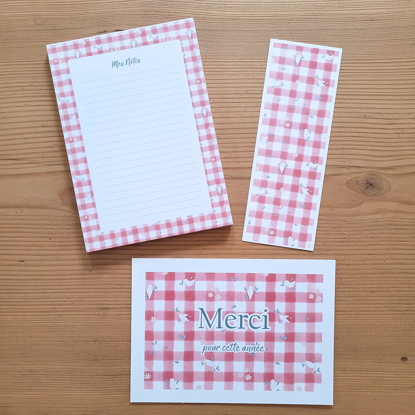 Cadeau fin d'année · Bloc-notes + carte + marque-page "Vichy fleuri"