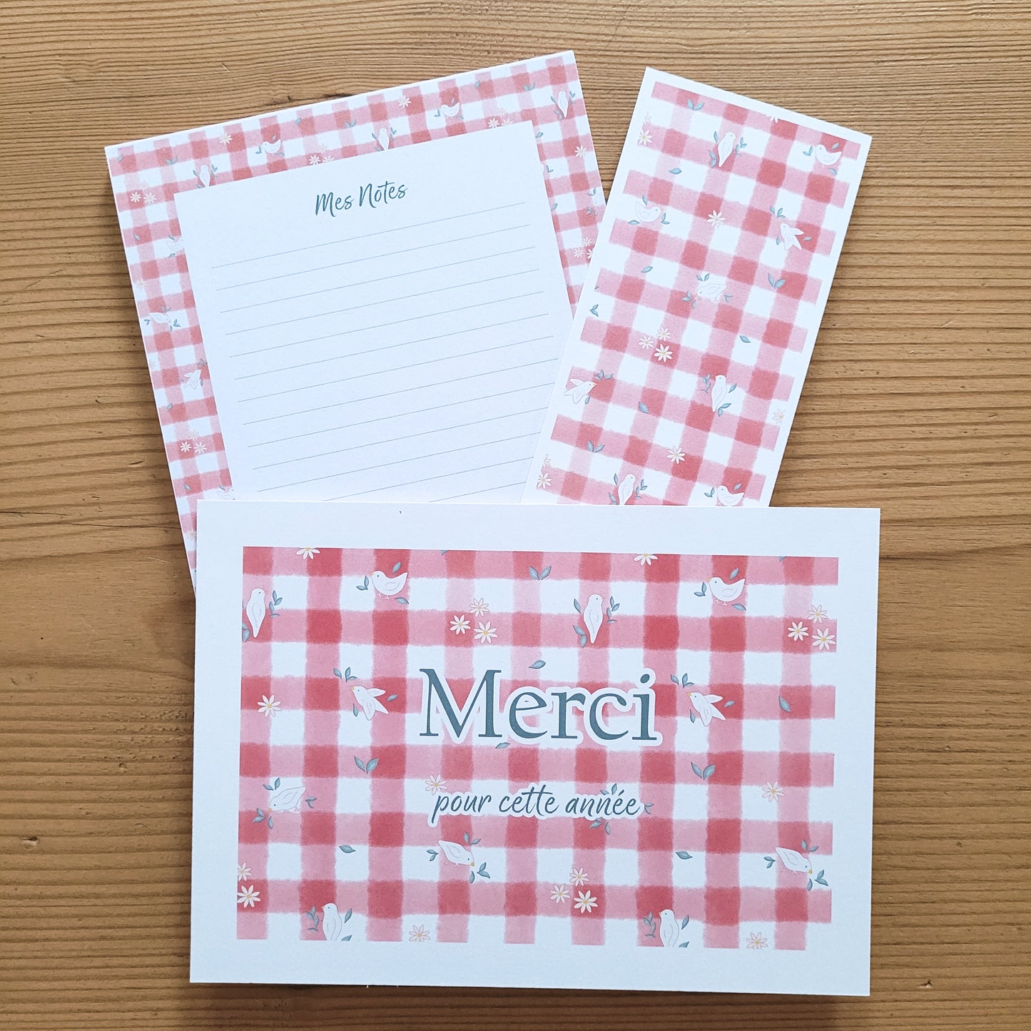 Cadeau fin d'année · Bloc-notes + carte + marque-page "Vichy fleuri"