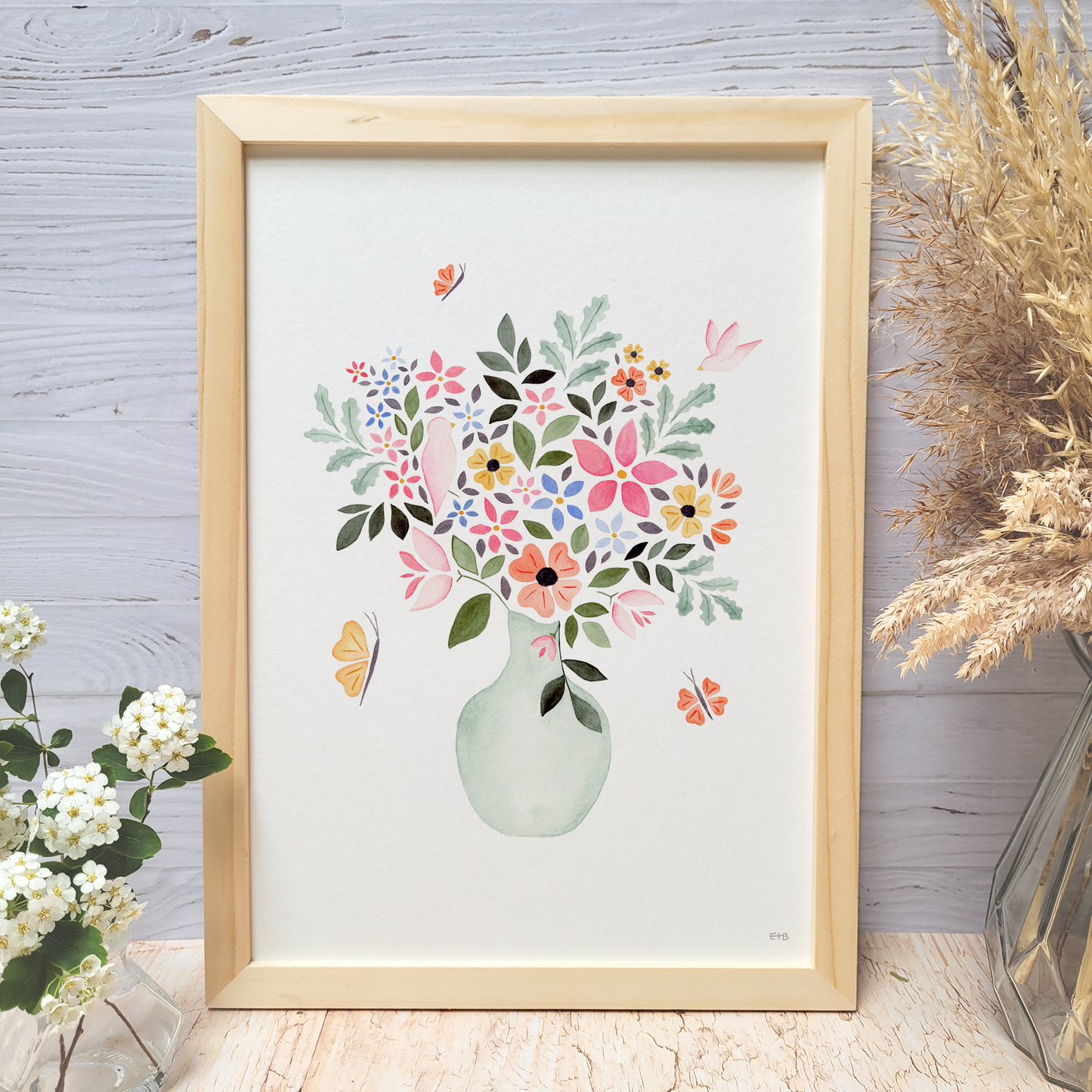 Affiche florale aquarelle · Bouquet "Cherchez l'oiseau"