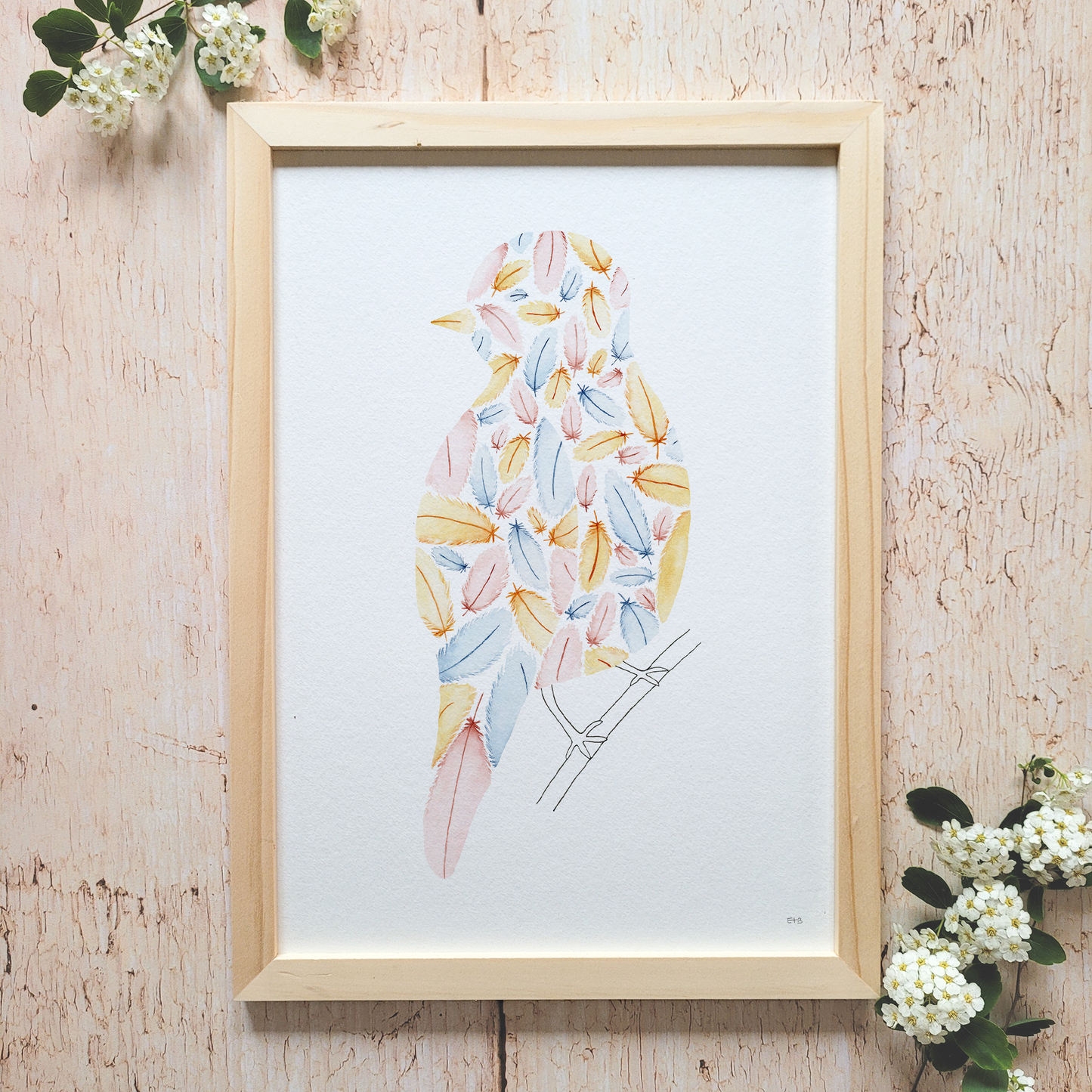 Affiche aquarelle · "L'oiseau de plume : sur ma branche"