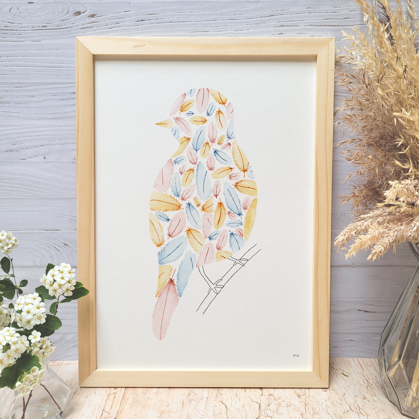 Affiche aquarelle · "L'oiseau de plume : sur ma branche"