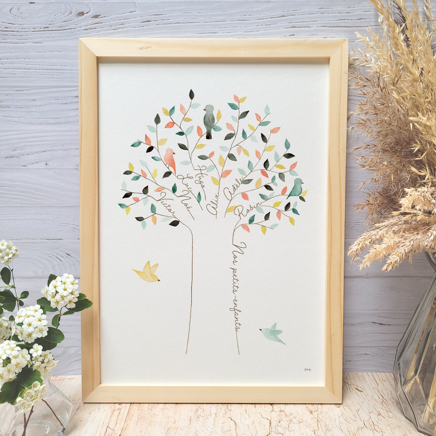 Affiche famille personnalisable · "L'arbre aux oiseaux" · Bleu-vert