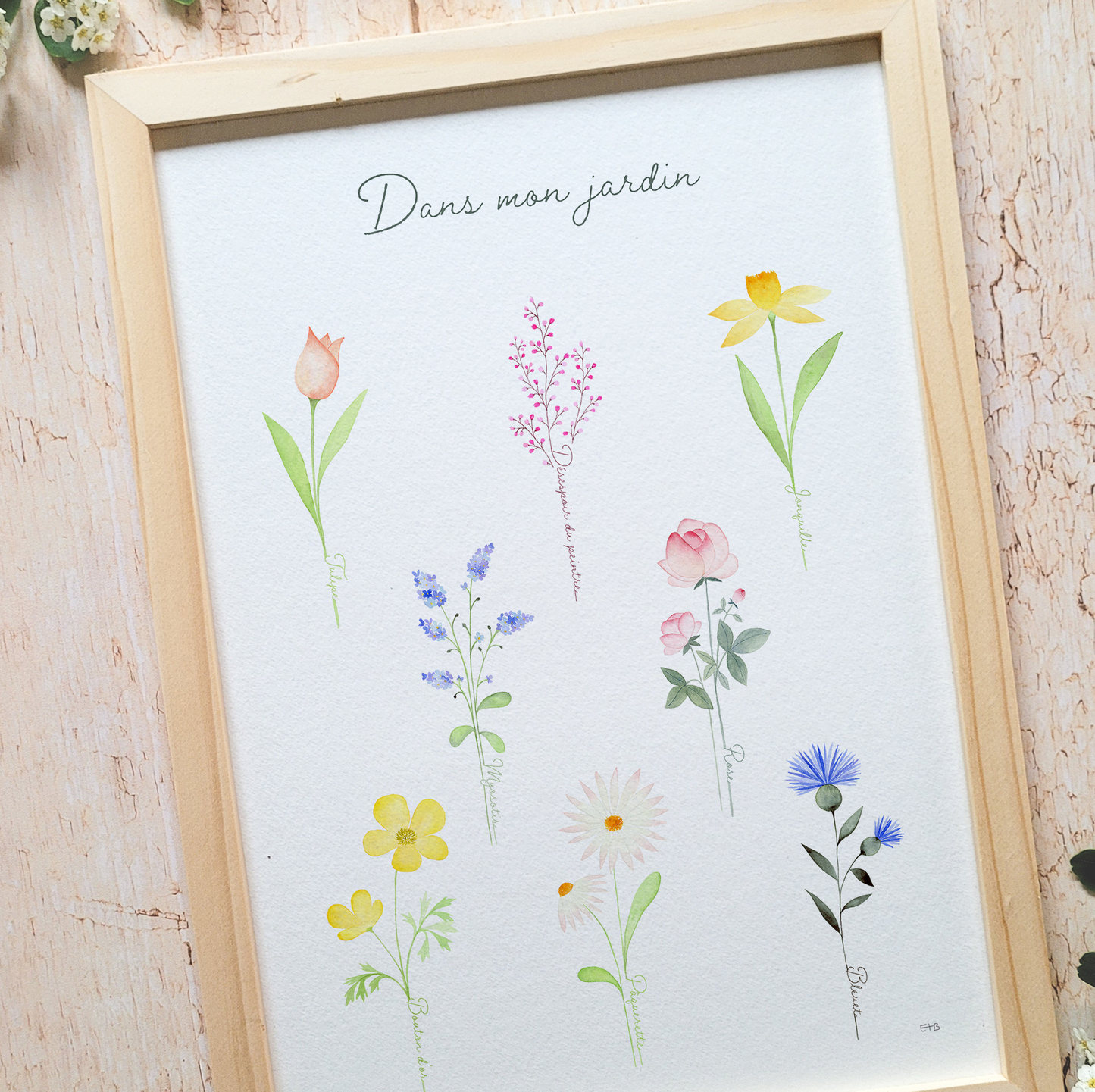 Affiche florale aquarelle · Herbier "Dans mon jardin" · Texte personnalisable