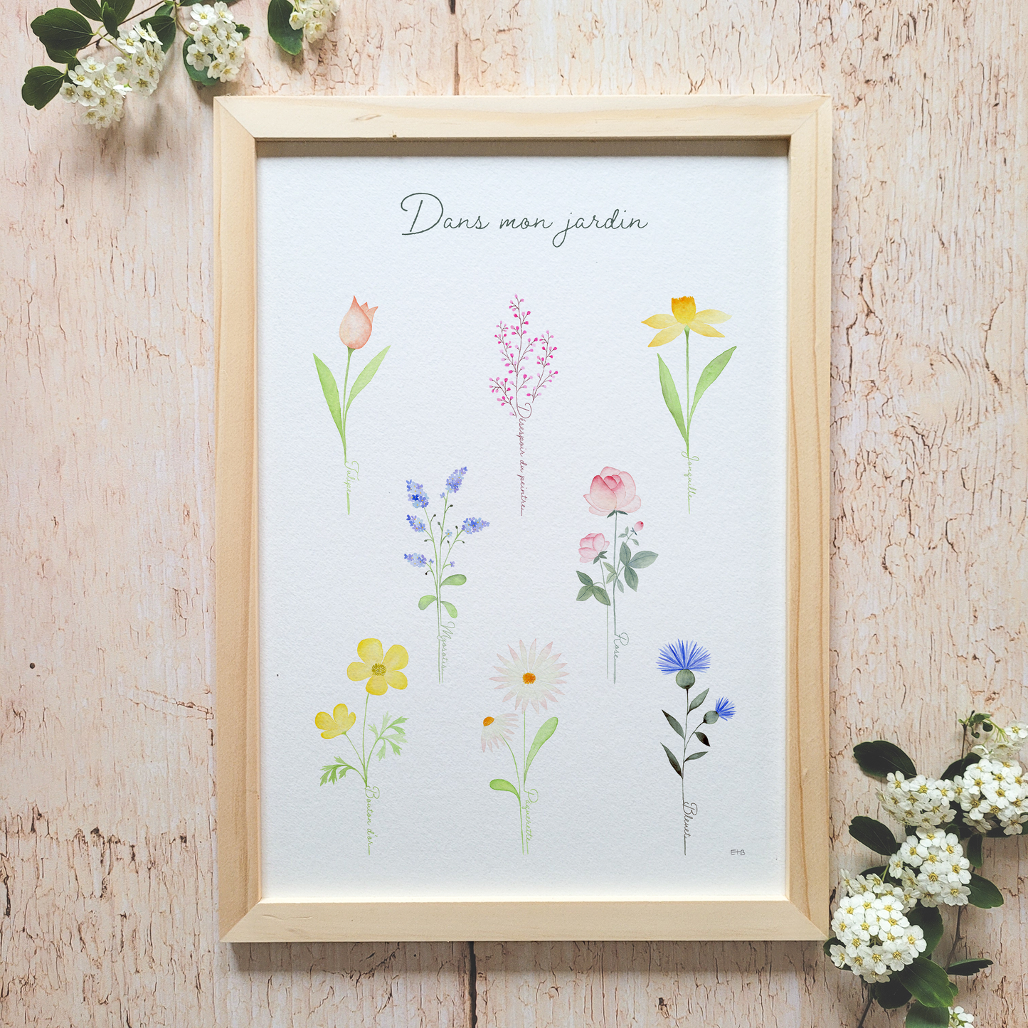 Affiche florale aquarelle · Herbier "Dans mon jardin" · Texte personnalisable