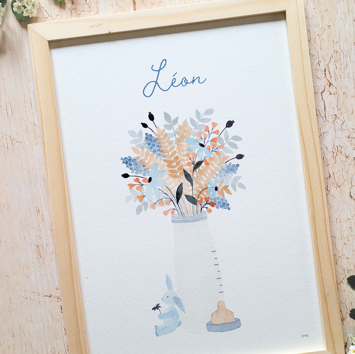Affiche personnalisable enfant · Aquarelle "Biberon" · Bleu
