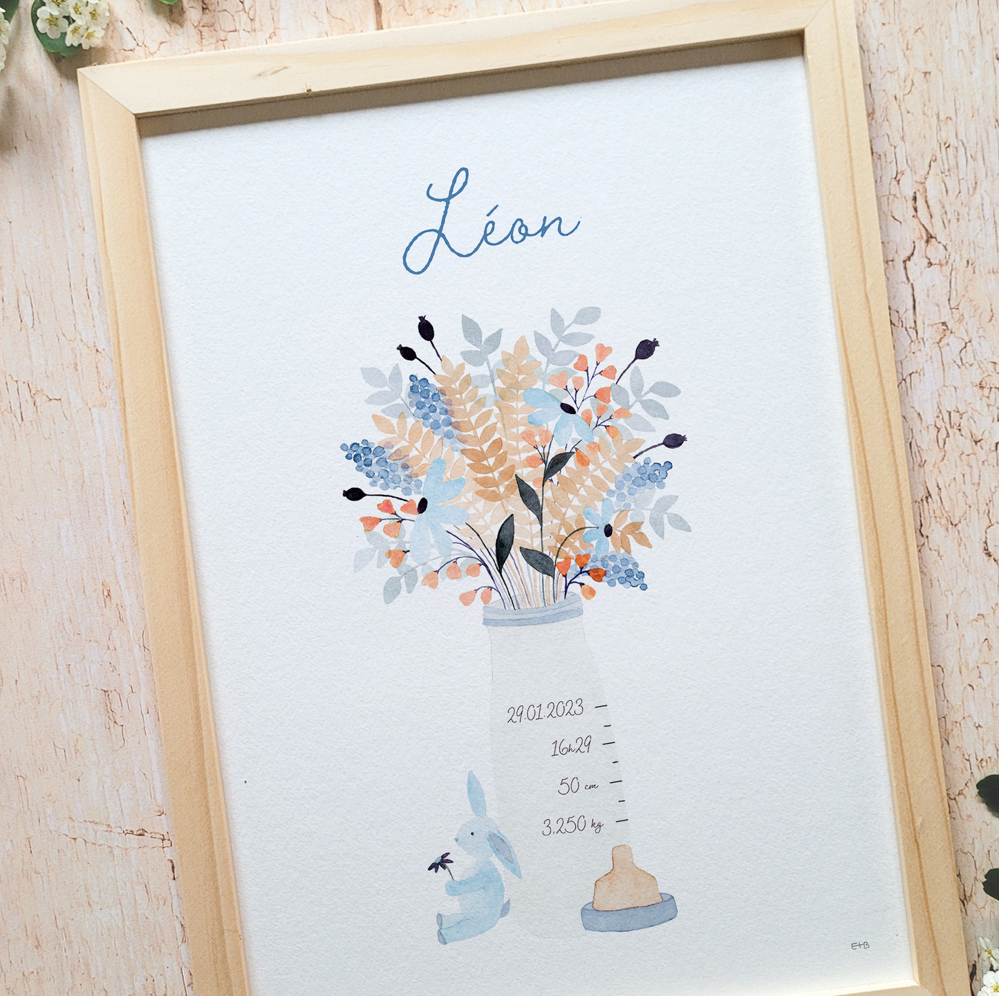 Affiche personnalisable enfant · Aquarelle "Biberon" · Bleu