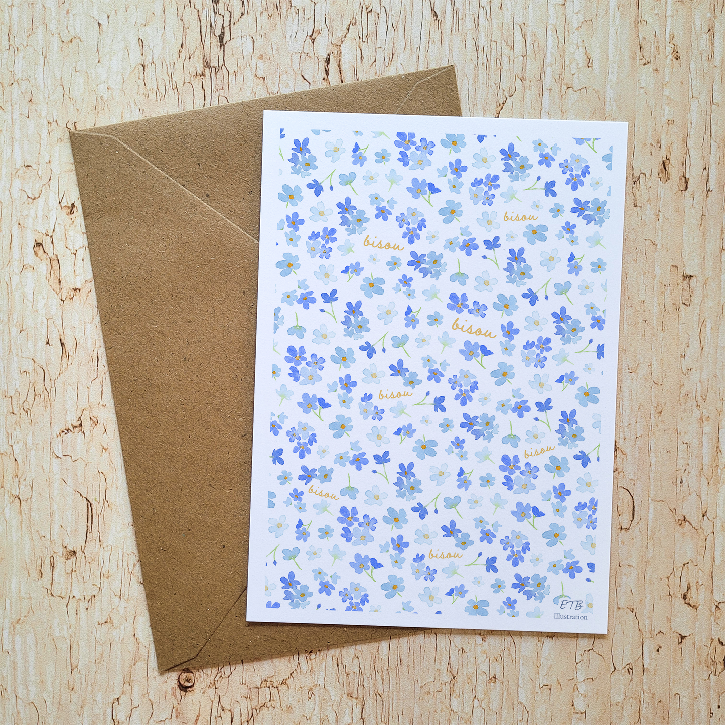 Carte de vœux · "Liberty myosotis" · Bisou