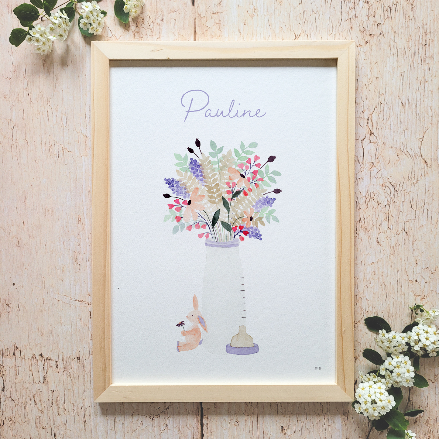 Affiche personnalisable enfant · Aquarelle "Biberon" · Rose