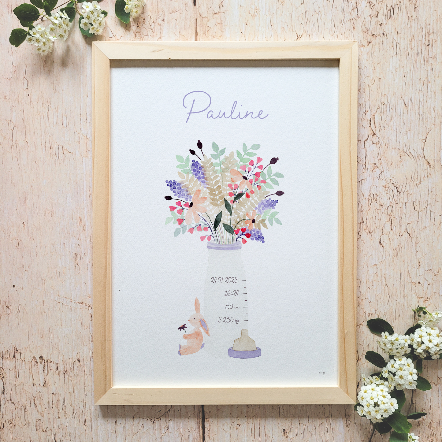 Affiche personnalisable enfant · Aquarelle "Biberon" · Rose