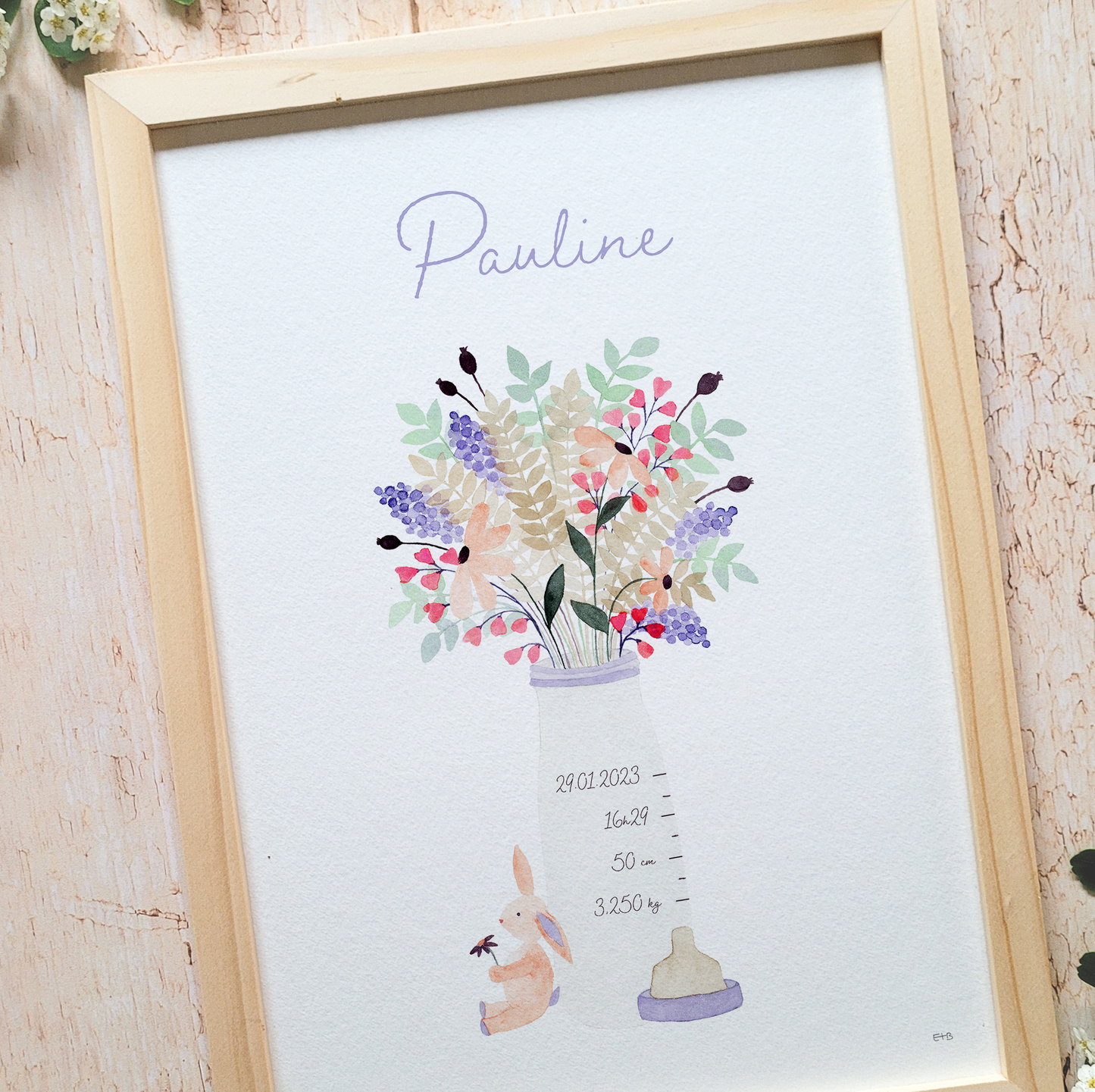 Affiche personnalisable enfant · Aquarelle "Biberon" · Rose