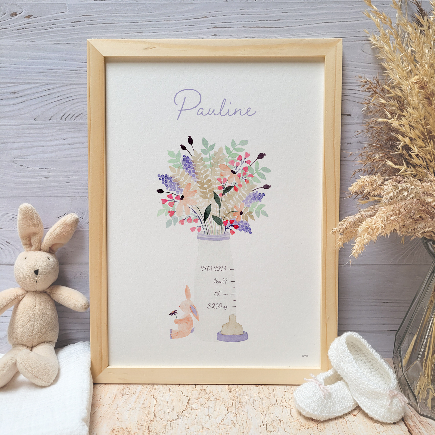 Affiche personnalisable enfant · Aquarelle "Biberon" · Rose