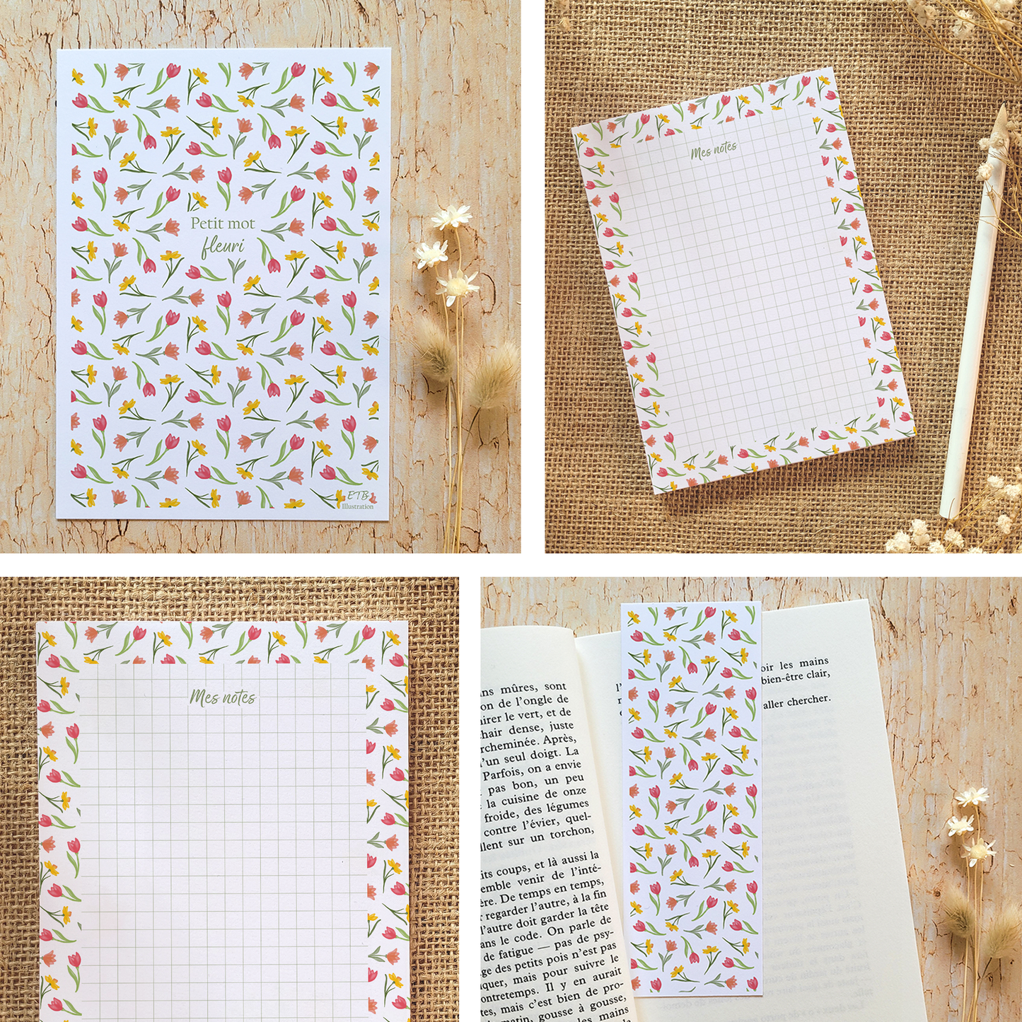 Cadeau fin d'année · Bloc-notes + carte + marque-page "Tulipe"