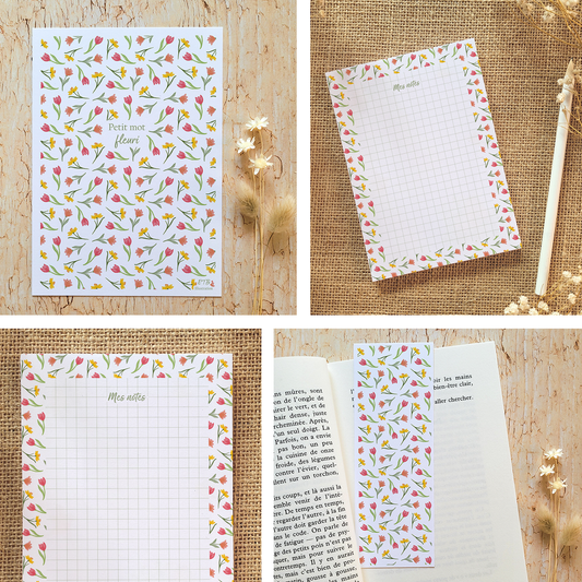 Cadeau fin d'année · Bloc-notes + carte + marque-page "Tulipe"